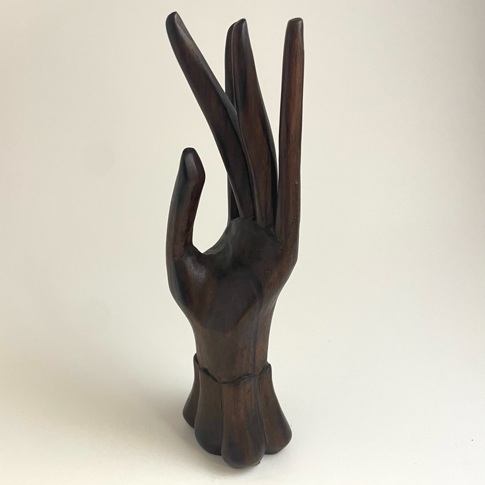 Vintage 8” Carved Wooden Hand with Fingers Ring and Jewelry Holder